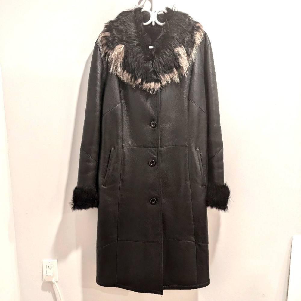 Dimitri Black Leather Winter Coat Size XL Penny Lane Shawl Cuff Faux Fur